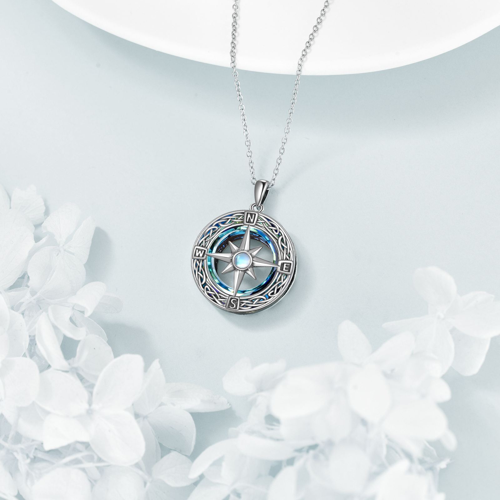 Women's 925 Sterling Silver Celtic Knot Compass Necklace with Blue Gemstone